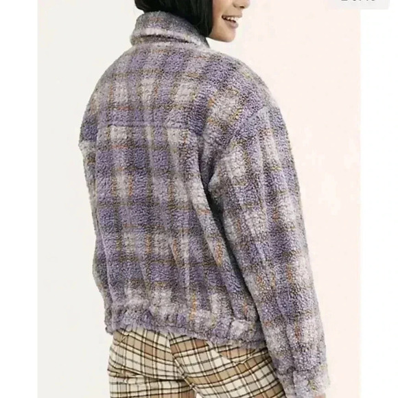 Free People Faded Dreams Cozy Trucker Jacket Sherpa Plaid  Medium coat purple - Picture 4 of 6